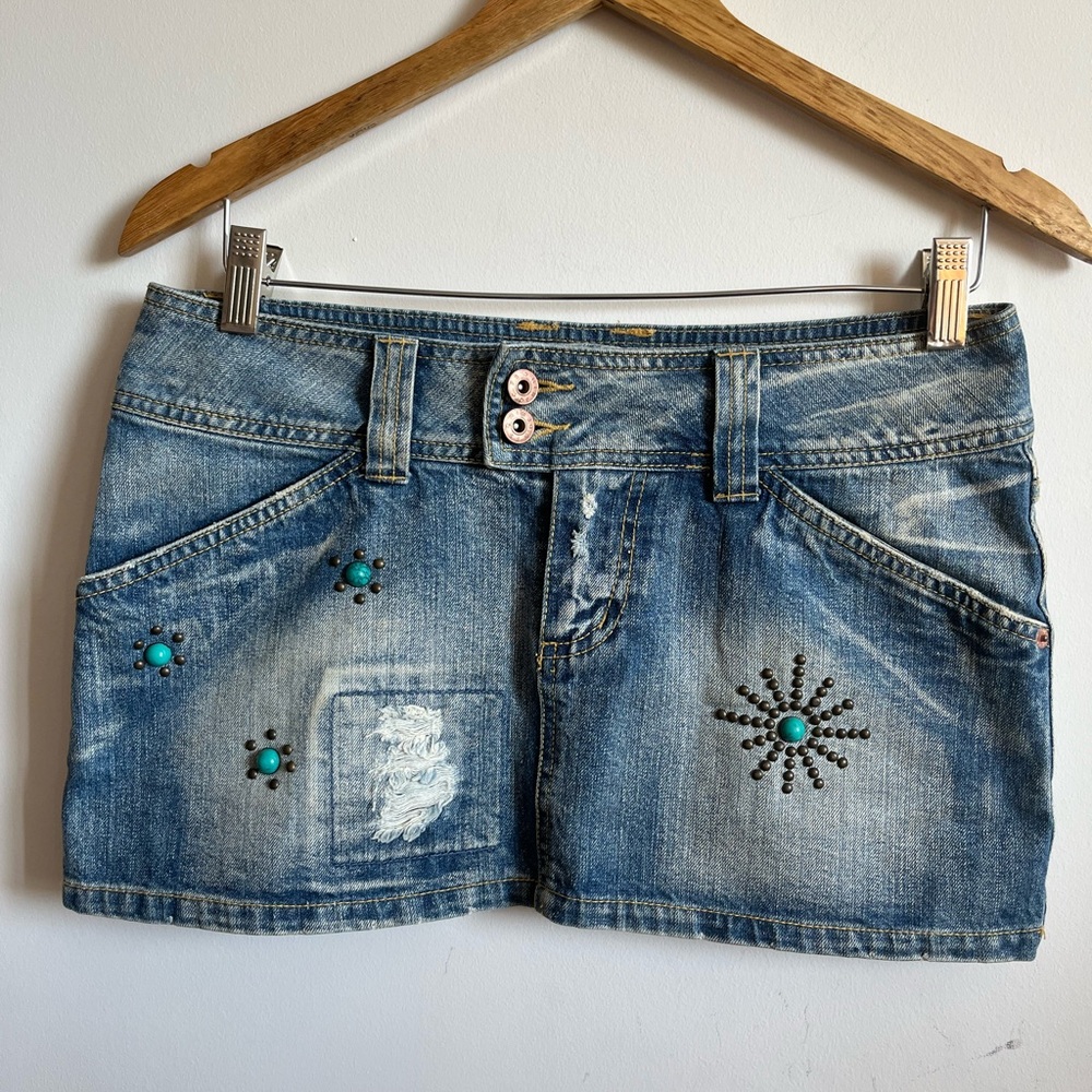 FISHBONE Vintage Y2K Boho Embellished Denim Micro Mini Skirt w Turquoise Accents